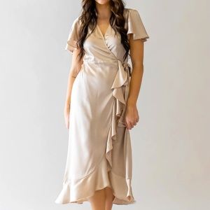 Champange Ruffle Midi Wrap Dress